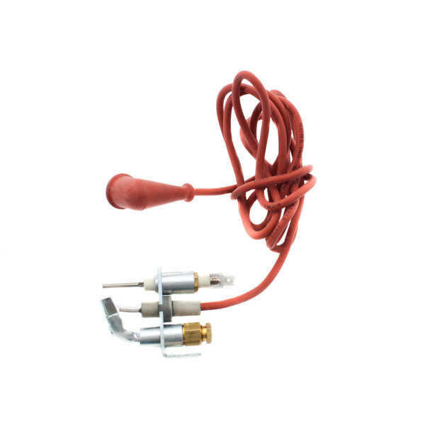 A red cable with a metal connector and a red wire attached to metal parts.