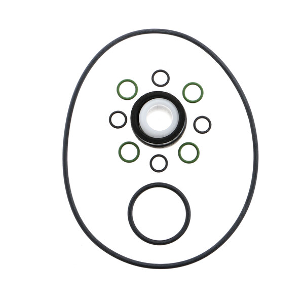 A group of black and green gaskets and o-rings.