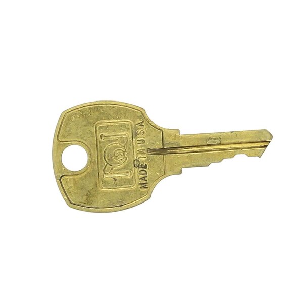 A gold Delfield key on a white background.