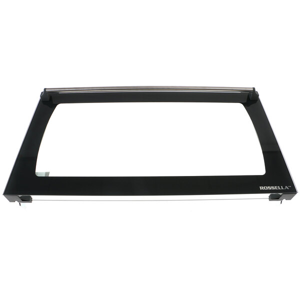 A black rectangular door assembly with a clear window panel.