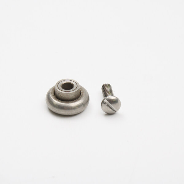 A close-up of a Duke stainless steel screw and nut.