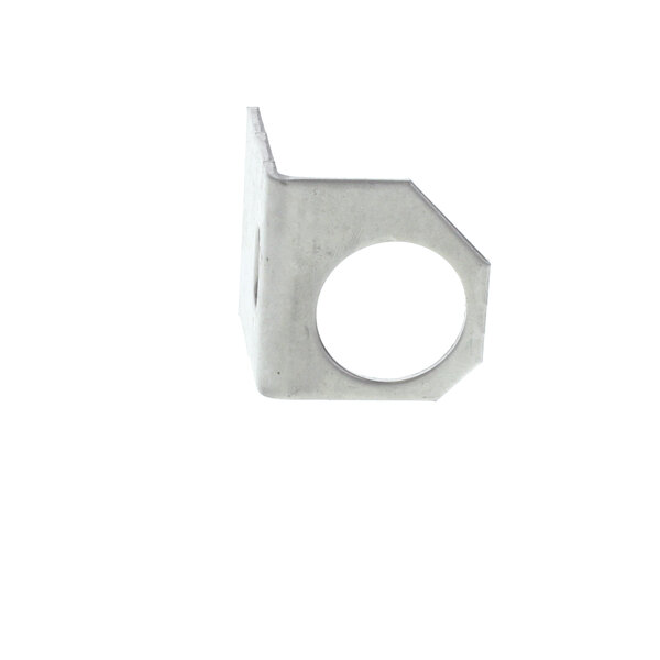 A white metal corner bracket with a round hole.