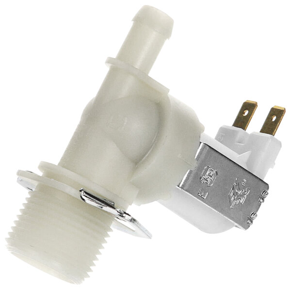 A white plastic Champion solenoid valve with a metal connector.