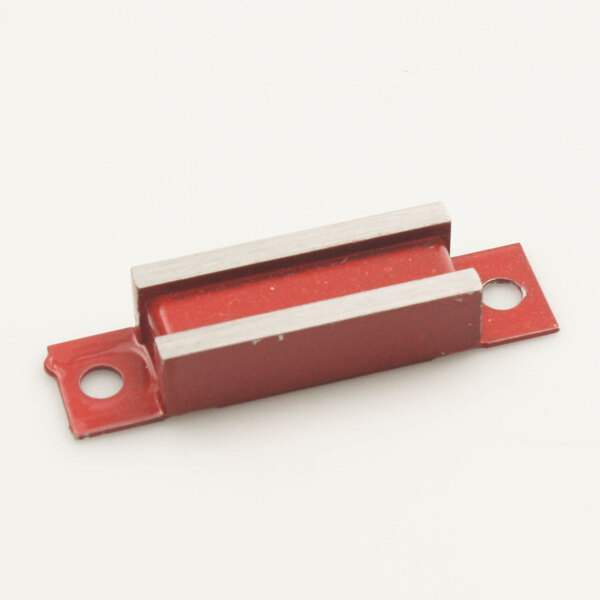 A red metal Randell condensor door magnet with two holes and a white stripe.