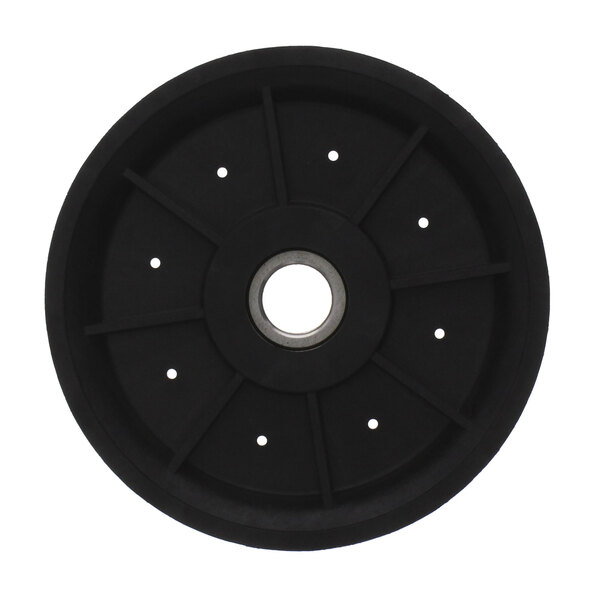 A black Avtec pulley wheel with holes on it.