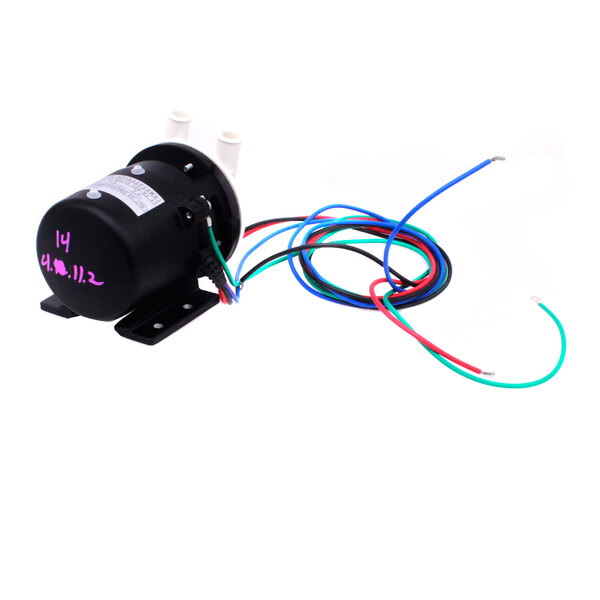 A black Hoshizaki pump motor with colored wires.