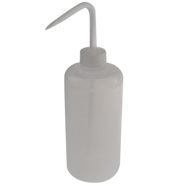 A white plastic bottle with a long handle and a spout.