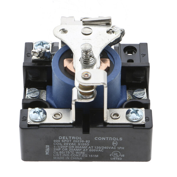 A black and blue Vulcan 24v relay with silver screws.