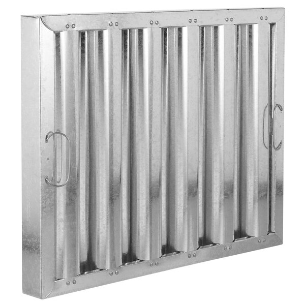 A galvanized steel grease filter with four holes.