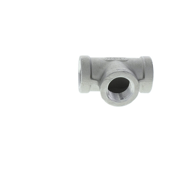 A stainless steel pipe fitting with a nut on the end.