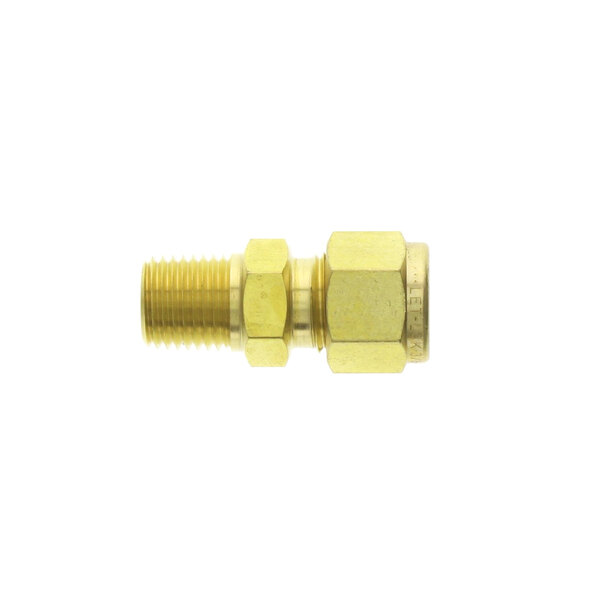 A brass threaded Henny Penny hose connector with a nut.