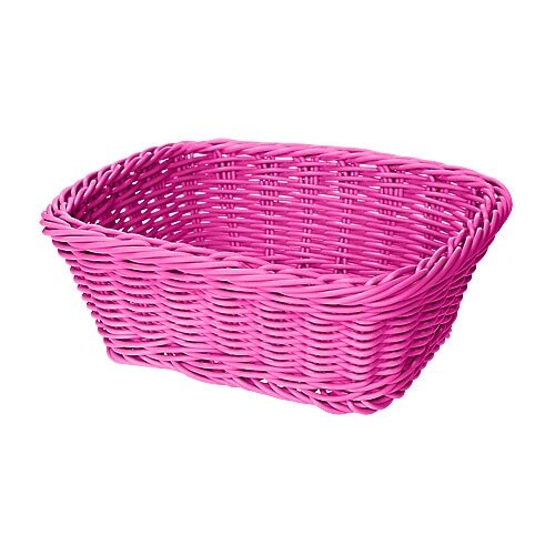 A pink rectangular plastic basket with handles.
