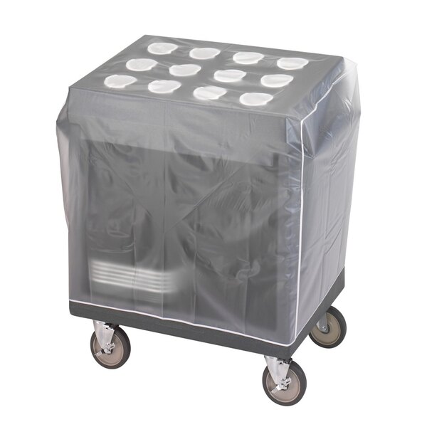 A black and white plastic cover on a Cambro Versa Cart with wheels.