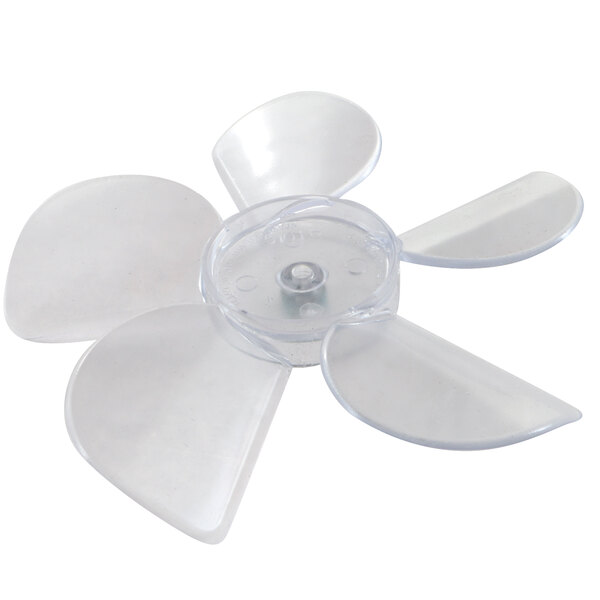 A close-up of a white Randell plastic fan blade with four blades.