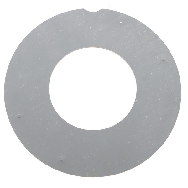 A grey circular plate with a hole in the center and smaller holes around it.