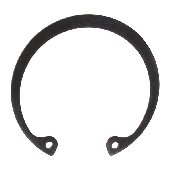 A black metal Groen retaining ring with two holes.