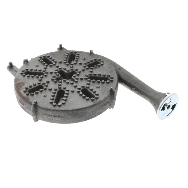 A black metal circular burner with holes and a handle.