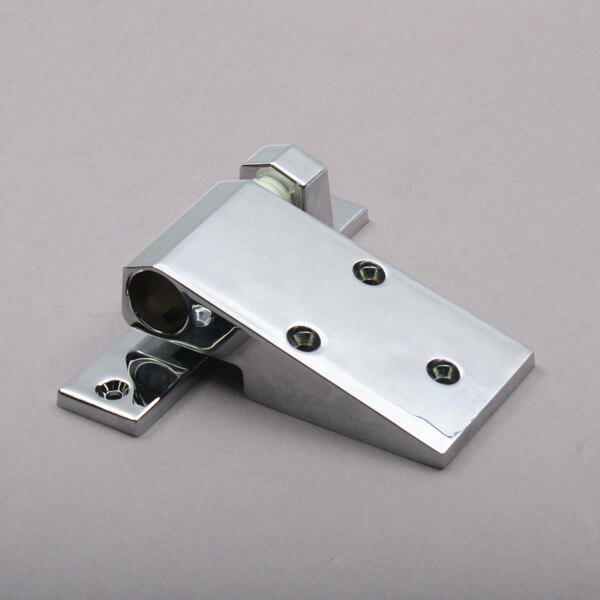 A chrome metal Norlake hinge with two holes on a white background.