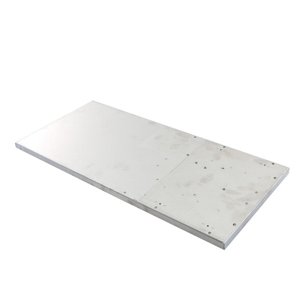 A white metal Bunn base plate with holes.