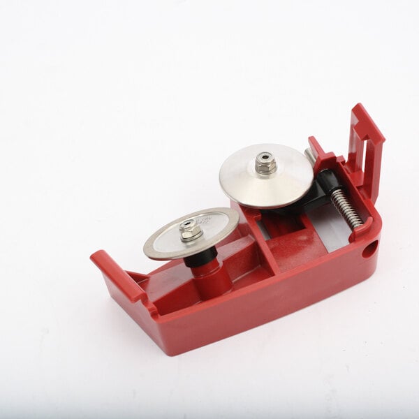 A red Berkel sharpening assembly tool holder with two metal screws on the side.