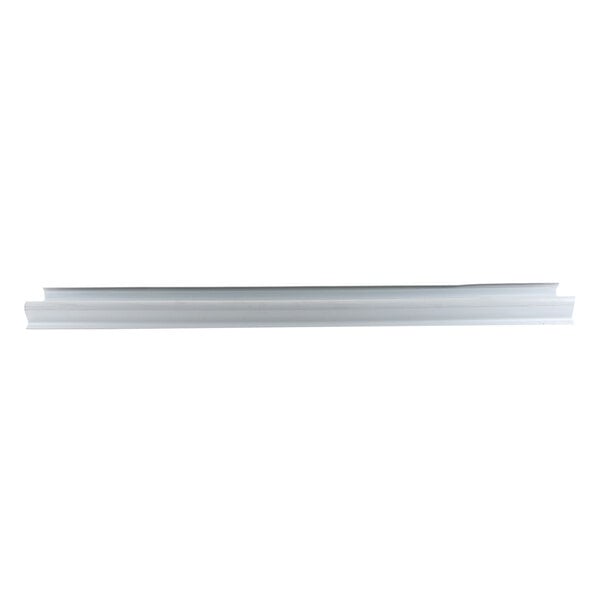 A white plastic strip on a long metal shelf.