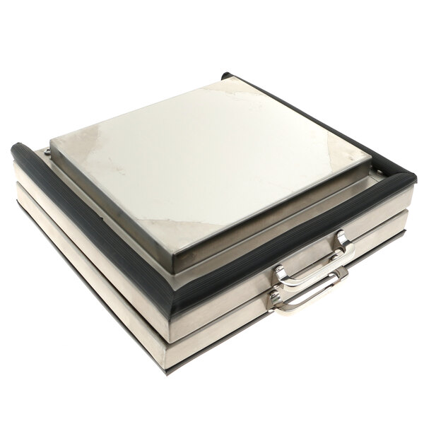 A metal square Glastender lid assembly with a handle.