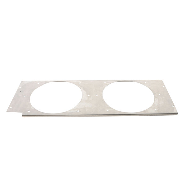A metal plate with two holes for a Victory fan panel.