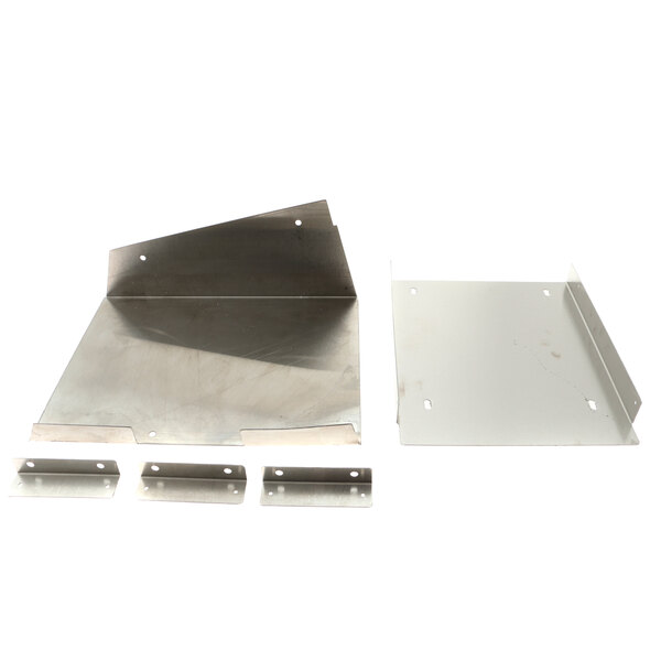 A white metal plate with holes and two metal brackets.