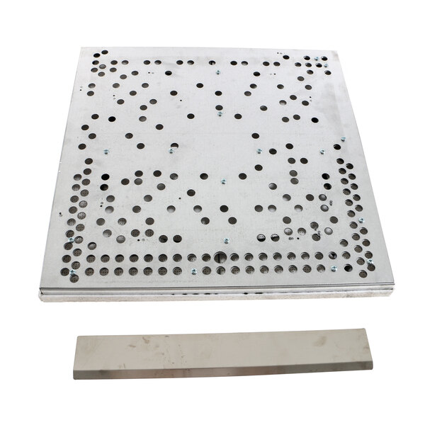 A metal plate with holes on a white background.