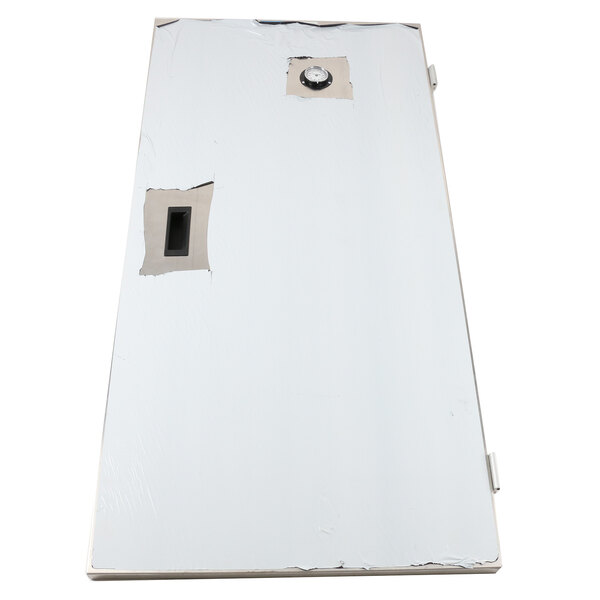 A white metal rectangular door with a hole in the middle.