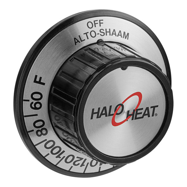 A black and silver Alto-Shaam knob with the words "Halo Heat" on it.