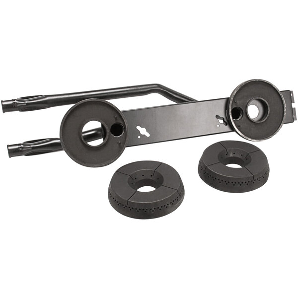 A black metal bracket with round rubber wheels on each end.