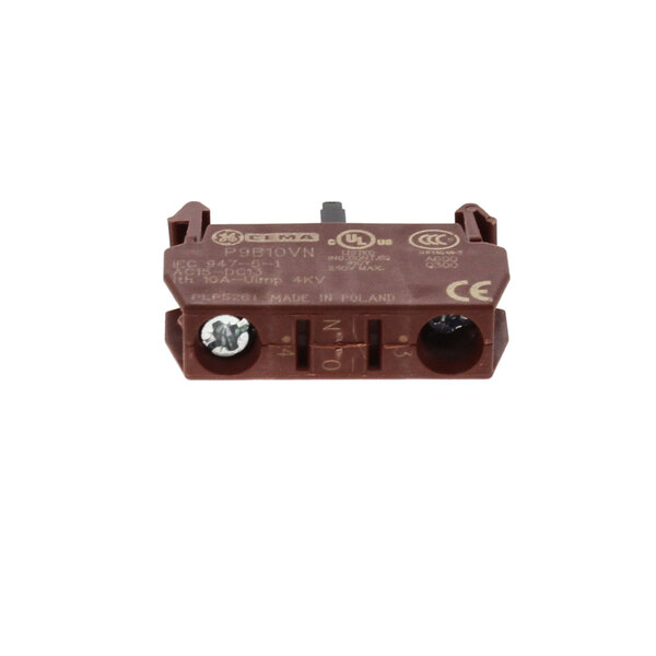 A brown BKI contact block with two wires.