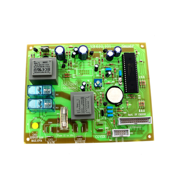 A green circuit board with many small components.