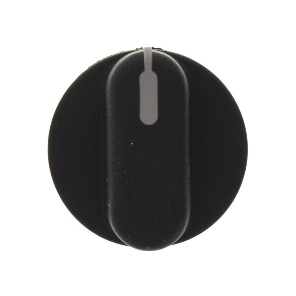 A black round knob with a white line.