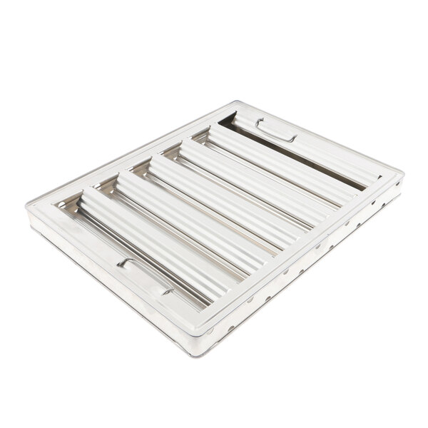A silver metal rectangular hood filter with a handle.