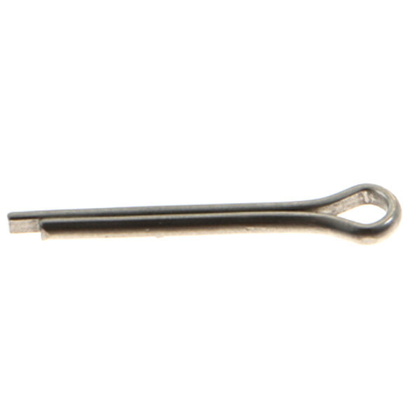 A close-up of a metal cotter pin with a small handle.