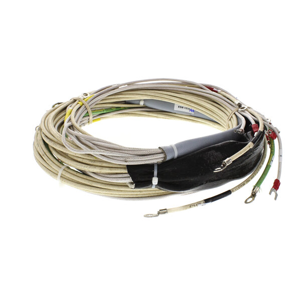 A Groen wire harness with a coil of electrical wires and connectors.