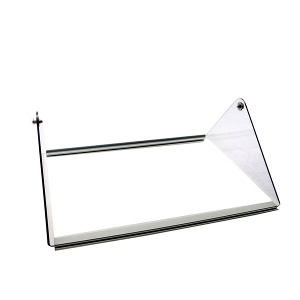 A clear plastic shelf with a metal frame.