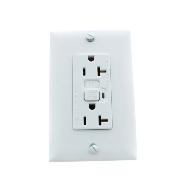 A close-up of a white electrical outlet with screws.