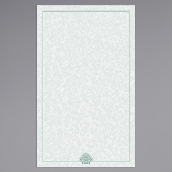 A white rectangular paper with a green shell border.