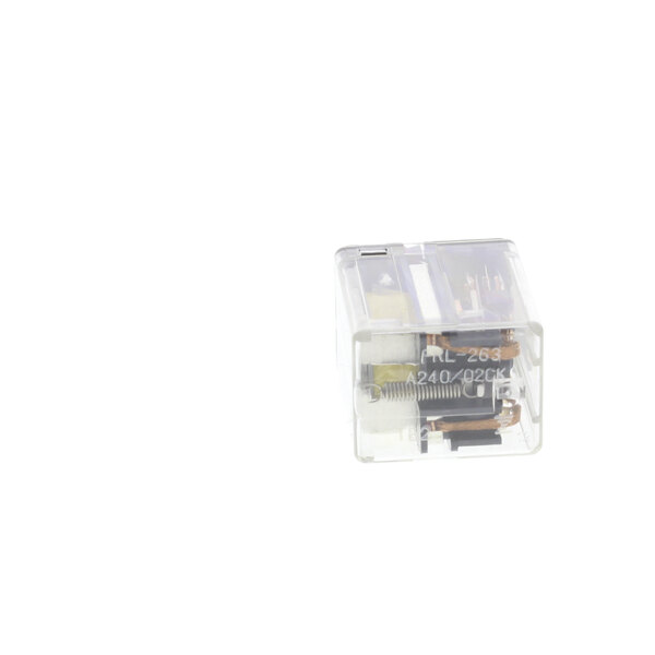 A transparent plastic box with a clear cover containing a small white Vulcan relay switch.