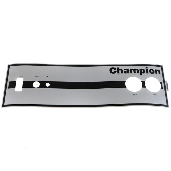 A rectangular white and black sticker with the word "Champion" in black.