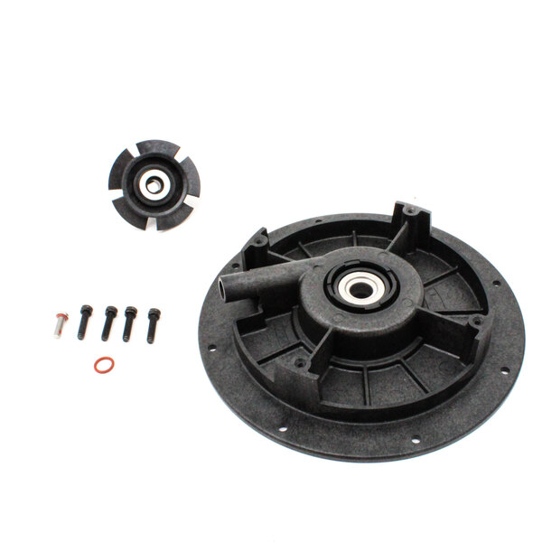 A black and white circular disc with a black plastic object with screws and bolts.