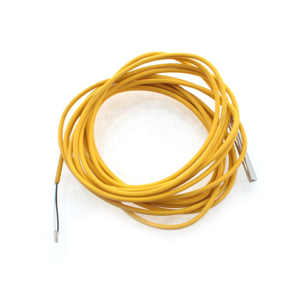 A close up of a yellow cable with two wires on a white background.