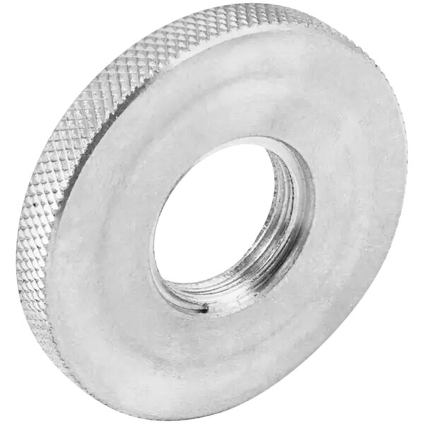 A silver round metal nut with a threaded hole.
