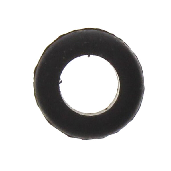 A black rubber Vulcan grommet with a hole in the middle on a white background.