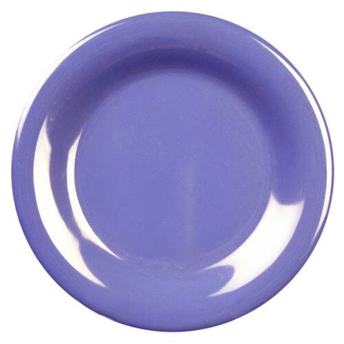 A close-up of a Thunder Group purple melamine plate with a wide white rim.