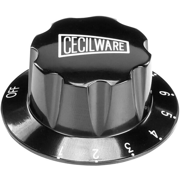 A black plastic Grindmaster-Cecilware thermostat knob with white text.