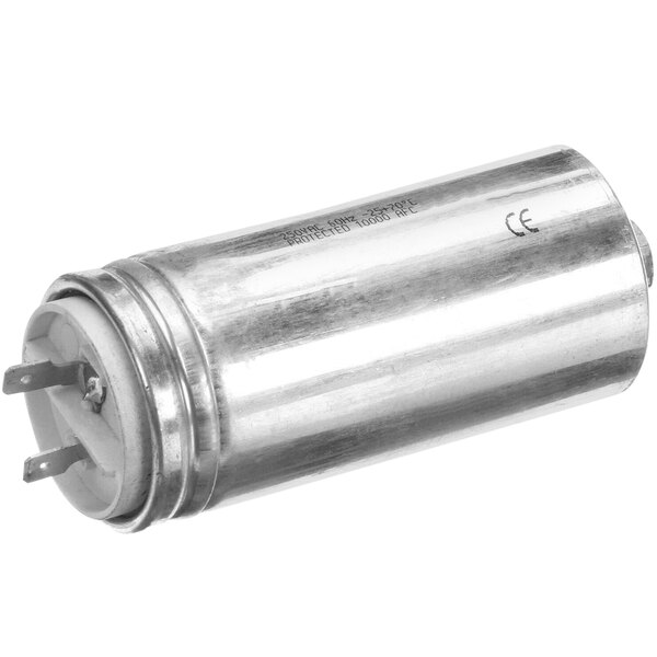 A silver metal Moffat M232555K start capacitor.